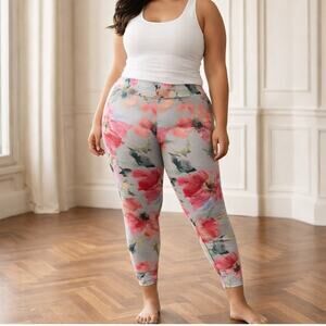 Floral Leggings 1X Silver Pink High Waist Stretch Soft NWT